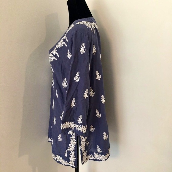SAFFIRE Blue V-Neck Floral Embroidered Sequin Boho Tunic 3/4 Sleeves Size Medium - Picture 4 of 8